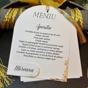 Meniu personalizat cu ciucure auriu și detalii aurii