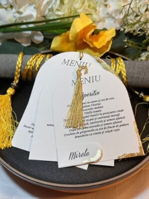 Meniu personalizat cu ciucure auriu și detalii aurii - imagine 3