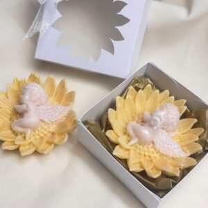 Personalised Angel Sunflower Soy Wax Candle Favour – Handmade Baptism & Christening Gift