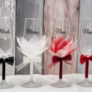 Personalised Champagne Glasses with Bows, Crystals & Tulle Flowers