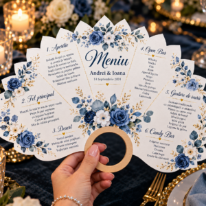 Meniu evantai personalizat cu mâner pentru nuntă și evenimente