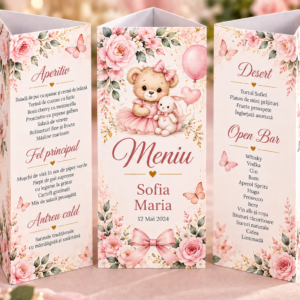 Meniu personalizat triunghiular – Meniu Botez Roz