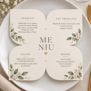 Meniu personalizat nuntă în formă de floare cu 4 petale