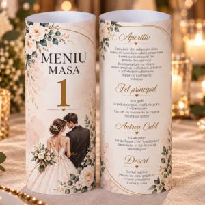 Meniu cilindric personalizat – Meniu & Număr de masă Nuntă
