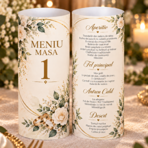 Meniu cilindric personalizat floral – Meniu & Număr de masă Nuntă