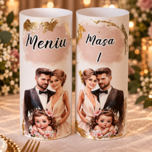 Meniu cilindric personalizat cu foiță aurie/argintie sau cupru – Meniu & Număr de masă 2 în 1