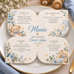 Meniu personalizat botez în formă de floare cu 4 petale