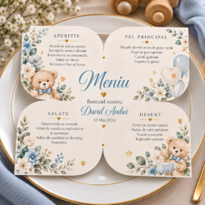 Meniu personalizat botez în formă de floare cu 4 petale