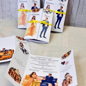 Invitație Nuntă Personalizată cu Caricatură | Triptic