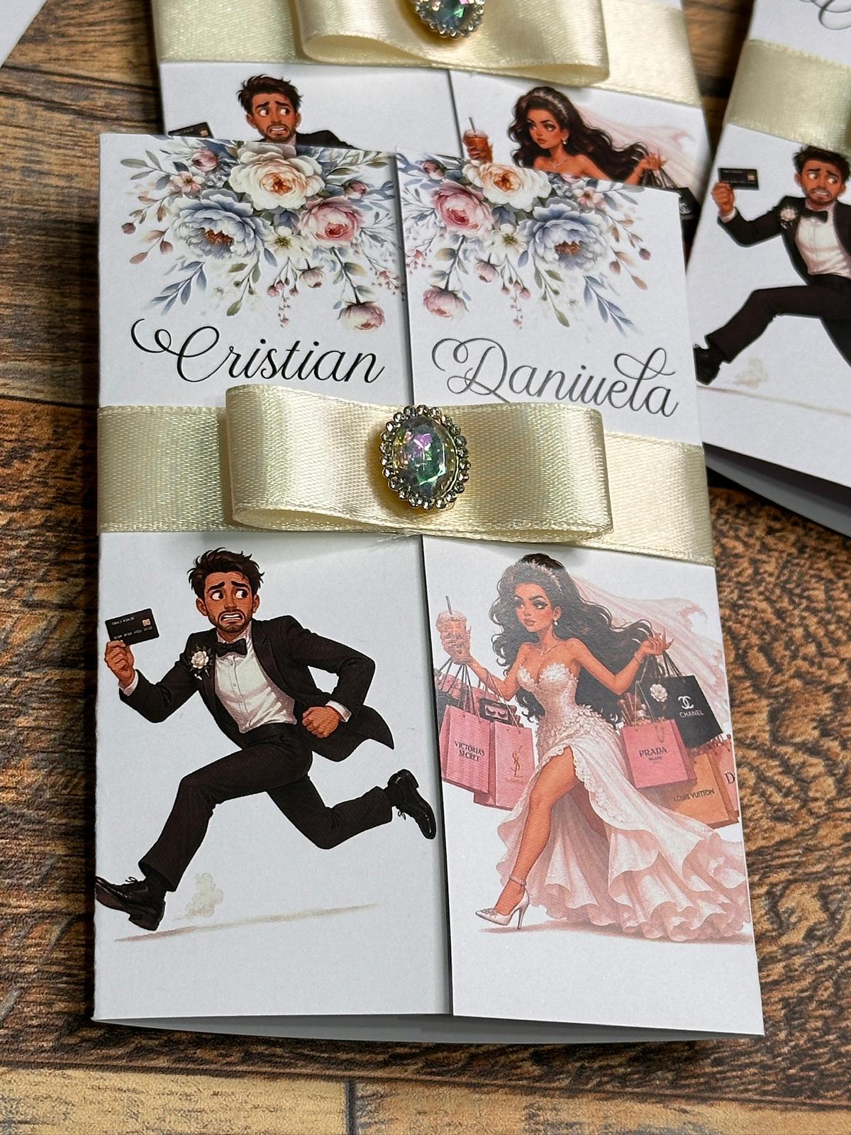 Invitație de nuntă personalizată cu caricatură