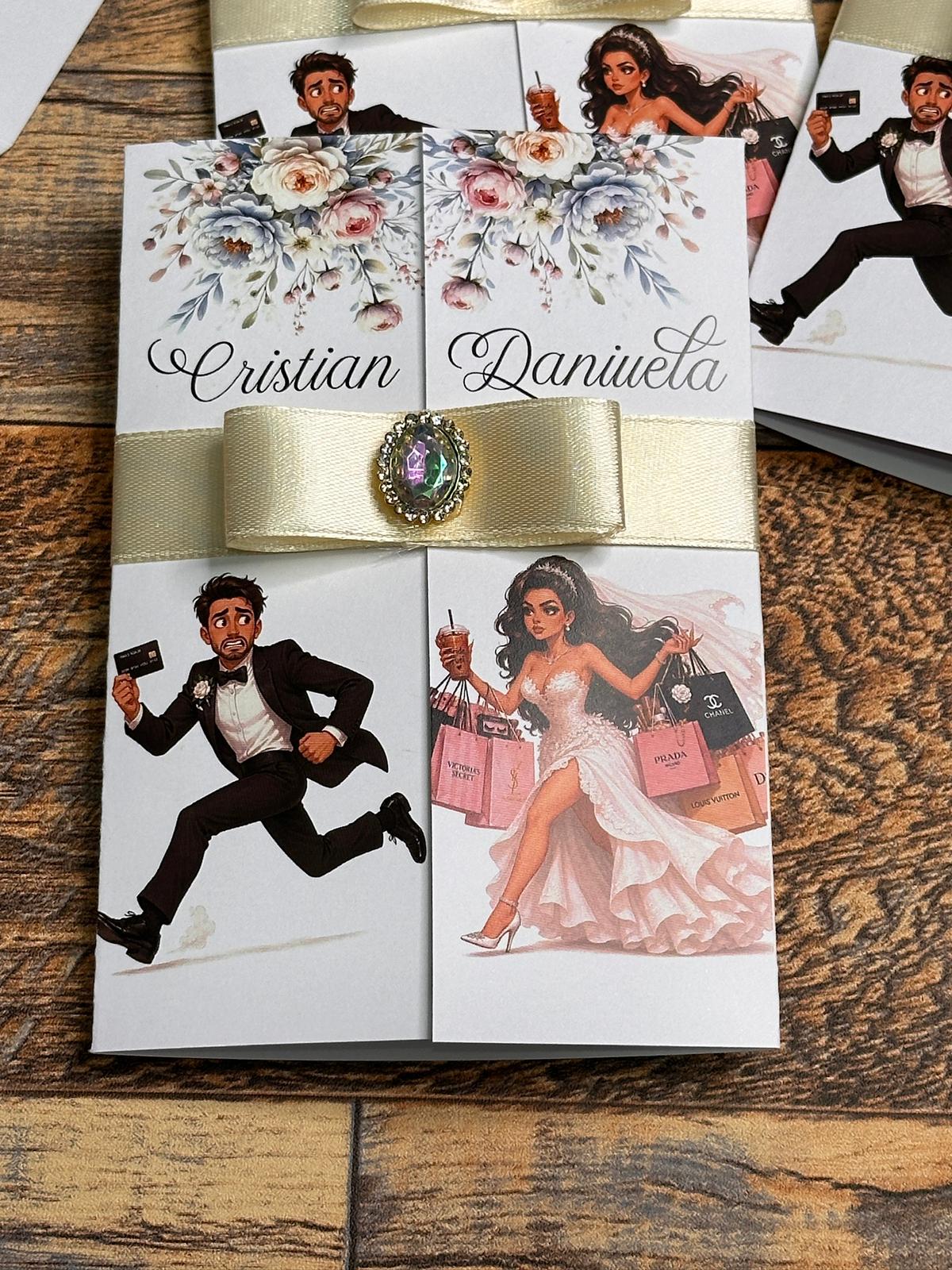Invitație de nuntă personalizată cu caricatură