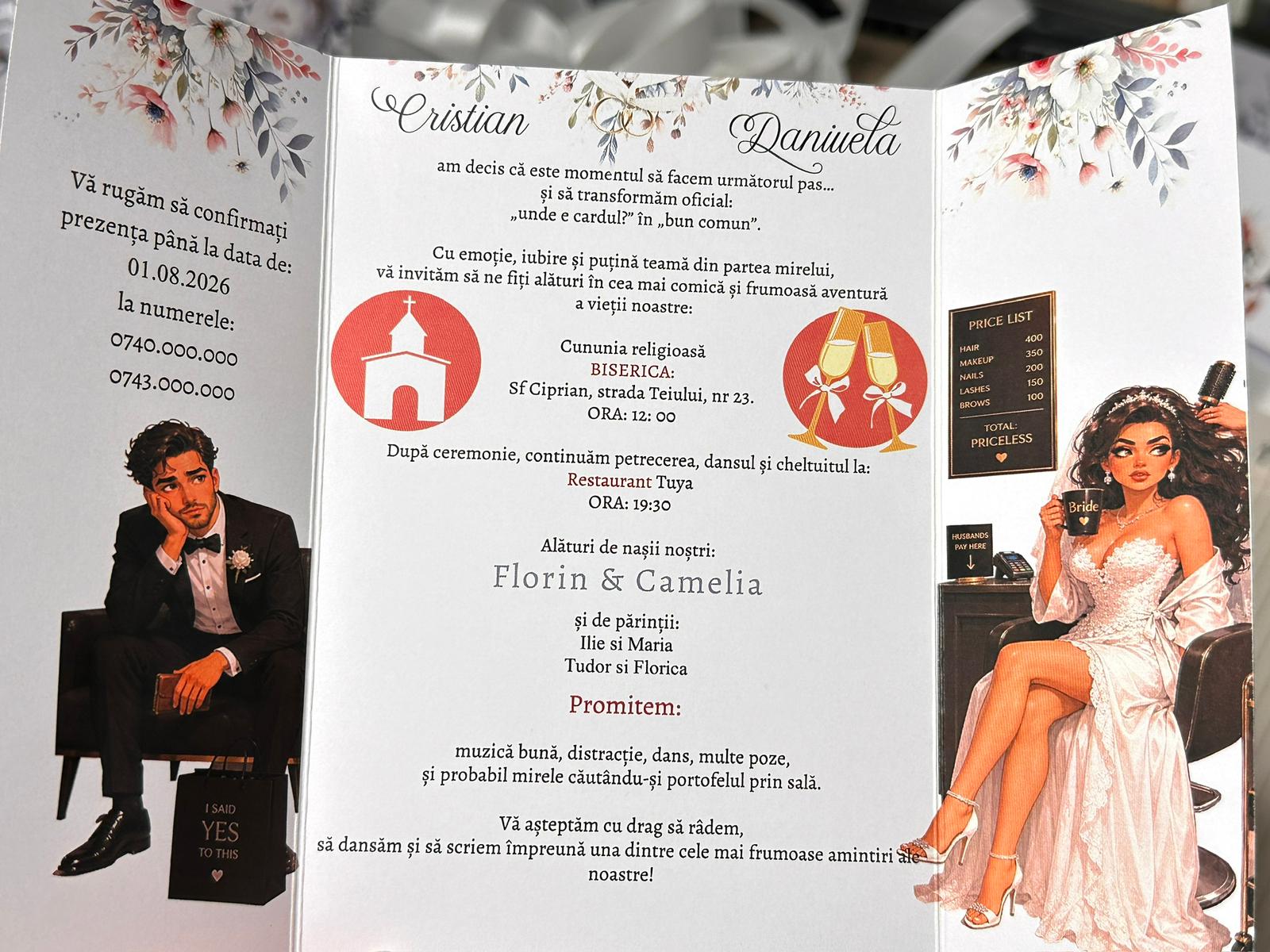 Invitație de nuntă personalizată cu caricatură