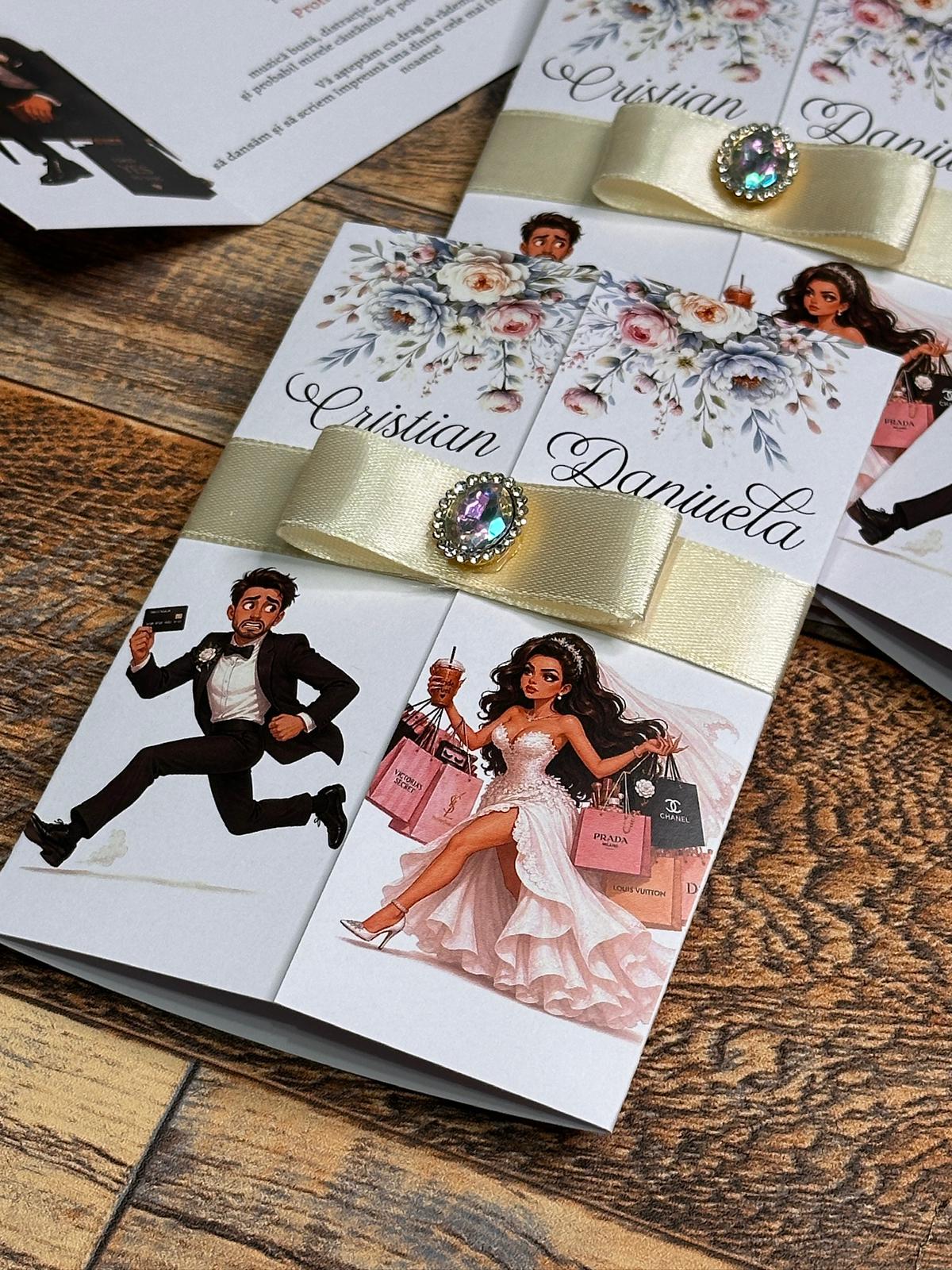 Invitație de nuntă personalizată cu caricatură