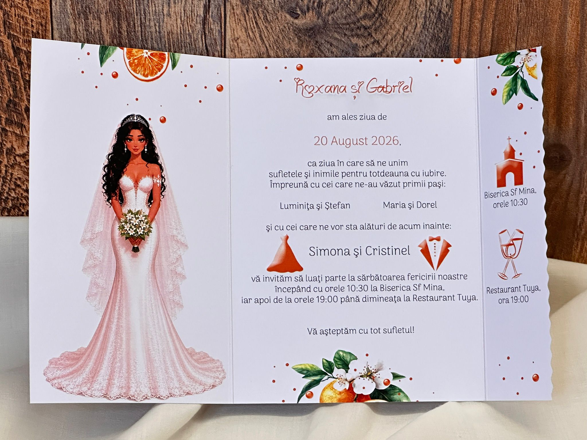 Invitație Nuntă Personalizată cu Șnur și Perlă