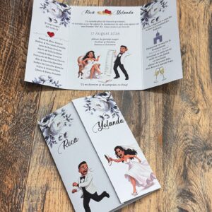 Invitație de nuntă personalizată cu caricatură – Mireasa după mire