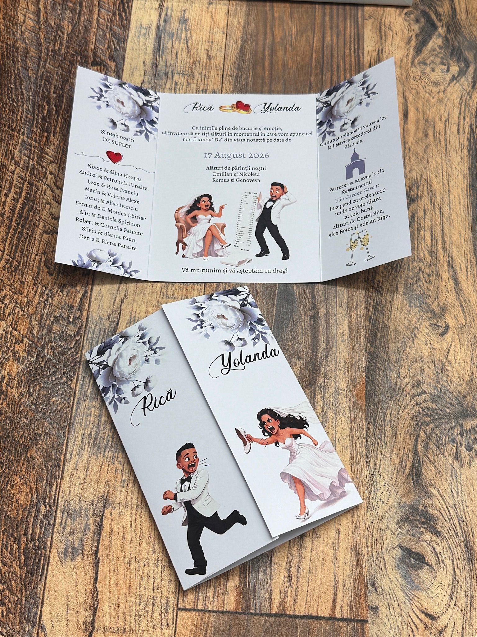 Invitație de nuntă personalizată cu caricatură – Mireasa după mire