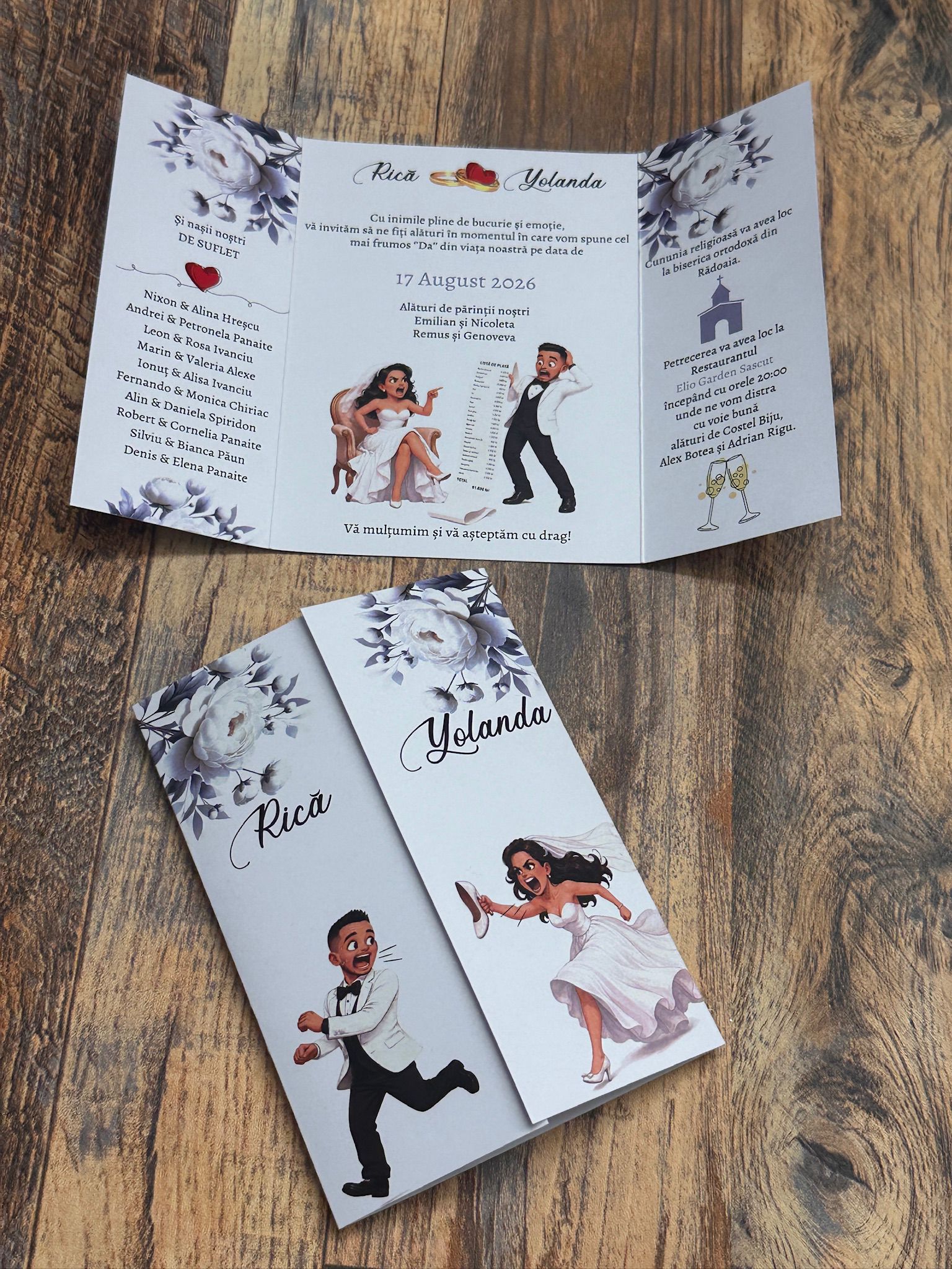 Invitație de nuntă personalizată cu caricatură – Mireasa după mire