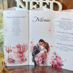 Meniu personalizat triunghiular floral – Meniu Nuntă