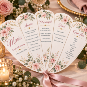 Meniu evantai floral personalizat pentru nuntă