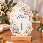 Număr de masă personalizat din carton – Model Botez Ramă Florală în Stil Baroc