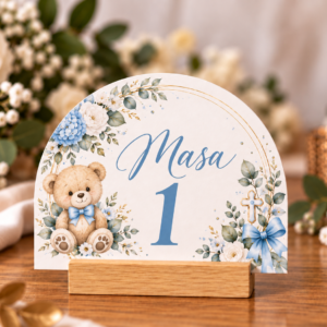Număr de masă personalizat din carton – Model Botez Semicerc Floral Clasic