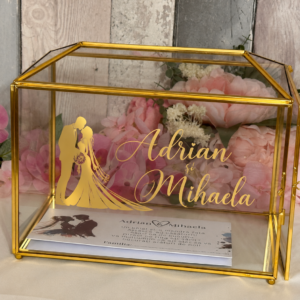 Cutie de dar nuntă personalizată – cufăr geometric auriu