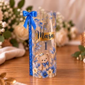 Număr de masă cilindric transparent personalizat | Botez