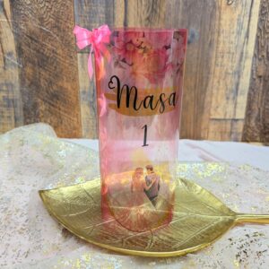 Număr de masă cilindric transparent personalizat | Nuntă