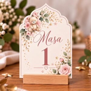 Număr de masă personalizat din carton – Model Botez Arcada cu Flori