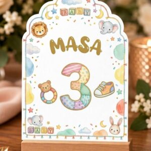 Număr de masă personalizat din carton – Model Botez Eleganță Regală